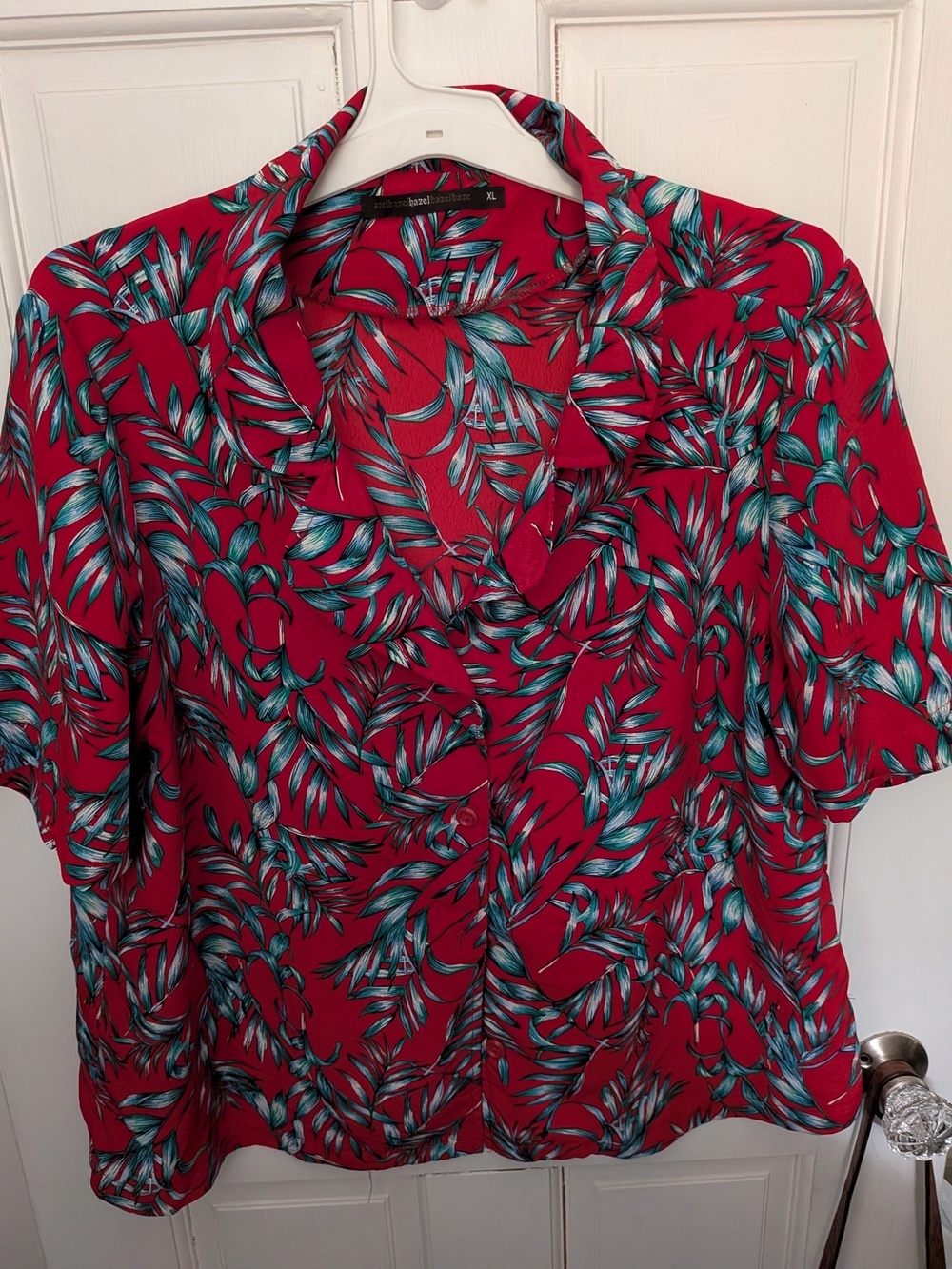 hazel Vibrant Red Button-Down Shirt with Teal Leaf Print Resort Travel Vacation
